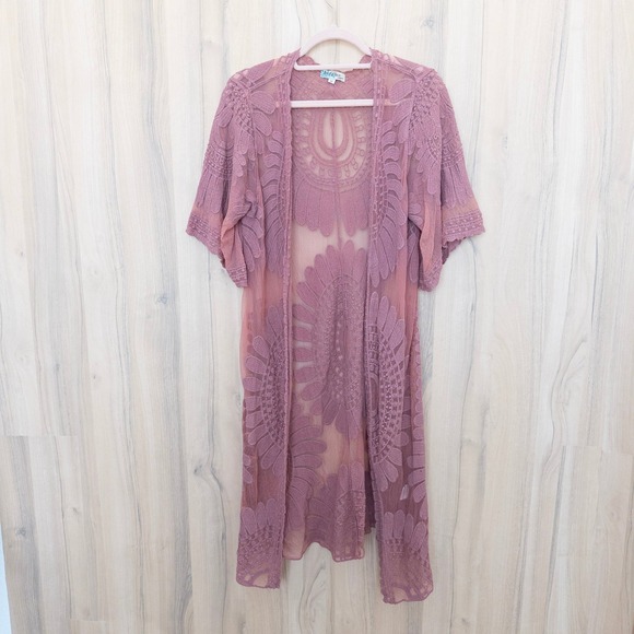 Rebellion Again Sweaters - Rebellion‎ Womens Lace Sheer Kimono M Mauve Pink Embroidered Boho Festival Fairy